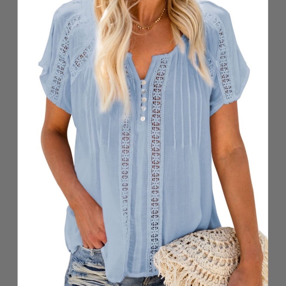 NWT Boho Dokotoo Crochet Lace Pintuck Blouse Short Sleeve Peasant Top Small NWT - Picture 2 of 9